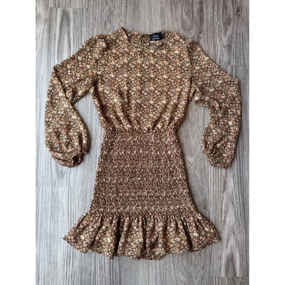 VICI Brown Floral Smocked Mini Dress Long Balloon Sleeve Ruffle Hem XS